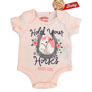 Farm Girl Brand 0-3 Months Hold Your Horses Baby Pink Floral Onsie